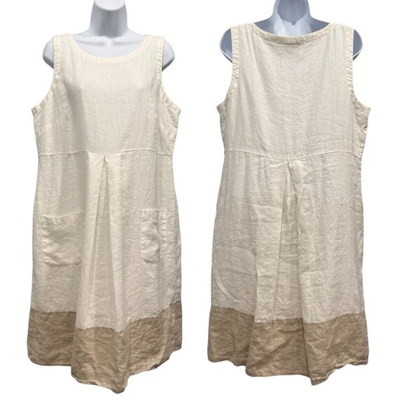 J.Jill Love Linen Sleeveless Dress Pockets Cream Tan Border Beachy Coastal Sz M - Picture 2 of 12